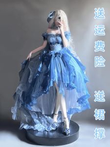 ชุดเดรสโลลิต้าสีฟ้า ชุดเจ้าหญิงทรงพอง กระโปรงทรงพอง กระโปรงยาวคลุมเข่า ชุดเดรสฤดูร้อน ชุดเดรสสั้นผ้าโพลีเอสเตอร์