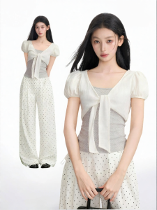 BAIDAIFEI | Faux Layer Polka Dot Patchwork Tie Waist T-Shirt Slim Fit Puff Sleeve Womens Top