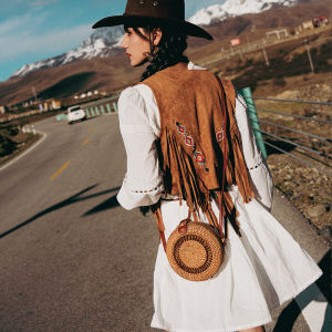Bohemian Fringed Western Cowboy Style Vest Travel Themed Womens Jacket Summer Fashion V-Neck Tassel Trimmed Nylon Blend