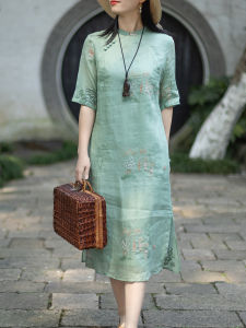 Nianjiangnan Chinese Zen Machine Embroidery Ramie Improved Cheongsam Female Stand Collar Half-Sleeved Elegant Dress