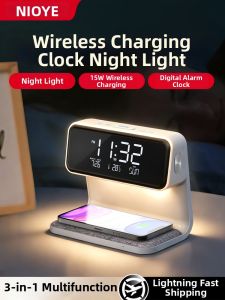 NIOYE | Time Displaying Multifunctional Alarm Night Light Wireless Charging Bedside Lamp