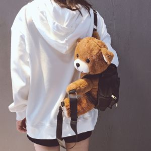 Cute Plush Bear Backpack Womens School Bag Animal Doll Winter Fashion Soft PU Leather Zipper Closure Cartoon Style Backpack