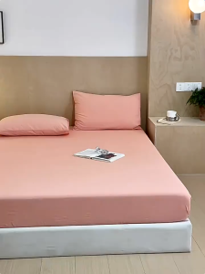 3in1 Bedsheet Fitted Sheet Queen/Single/Double/King Size With Pillowcase Plain Colors Bedding Set--Pink