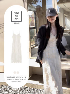 ชุดเดรสยาวแขนกุดลายดอกไม้สีขาวสไตล์ฝรั่งเศส ชุดทำงานฤดูใบไม้ร่วงสำหรับผู้หญิง ชุดเดรสยาวเอวสูง ชุดทำงานสไตล์เกาหลี