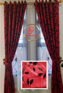 Gorden blackout bludru import tebal motif merah daun jendela dan pintu kamar gordyn sekat ruangan minimalis 12ring tinggi 220cm