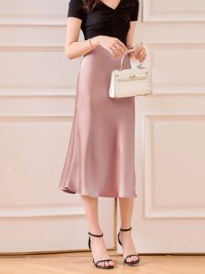 Shiny Acid Satin A-Line High Waist Midi Skirt Womens Spring Autumn New Style Slimming Long Half Skirt Fish Tail Half Skirt