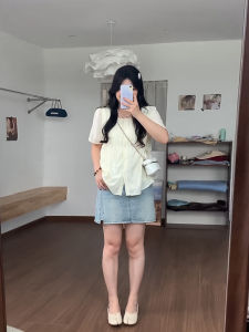 เสื้อเชิ้ตแขนสั้นทรงหลวมสไตล์เกาหลีสำหรับผู้หญิงไซส์ใหญ่ ทรงเข้ารูป ปกกลม ปิดด้วยกระดุม เสื้อเชิ้ตทรงเข้ารูป ทรงเข้ารูป ฤดูร้อน ปกปิดหน้าท้อง