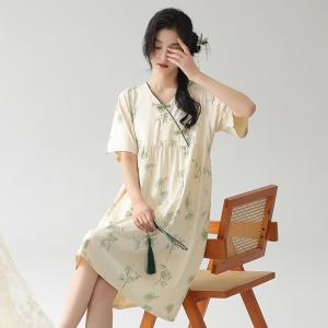 Miiow | Pure Cotton Short Sleeve Sleepwear Womens New Chinese Style Home Clothes Nightgown High Sensation Cat Person 2024 New Model