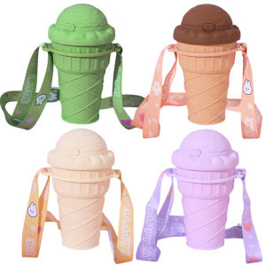 【New Arrival】 500ML Water Bottle with Straw Ice Cream Shape Cup Leakproof Drinking Water Bottle with Adjustable Strap for School Kids