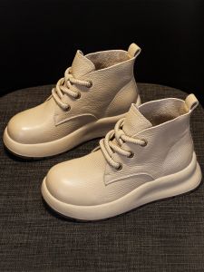 Womens High Top Thick Bottom Sports Shoes Casual Cross Buckle Binding Leather Shoes Comfortable All-Season Flat Heel