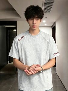 ZHUOCAN | Áo Thun Nam Tay Ngắn Phân Trăm Mũi May Trắng Xám Phong Cách Sạch Will-fit Độc Đáo