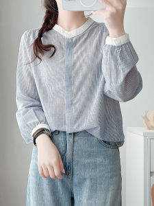 Womens Long Sleeve Striped Shirt Pure Cotton Stand Collar High Quality Japanese Style Simple Match All Dark Button Base Top