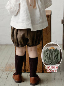Girls Cotton Linen Short Pants Japanese Style Lantern Pants Summer Cuffed Three-quarter Length Nordic Style Fashionable Linen Bud Pants