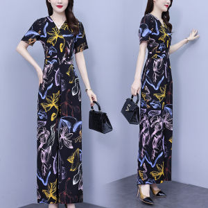 Impression Fashion Store Women Summer V-neck Elegant Chiffon Short Sleeve Floral Fake 2 Pcs High Waist Long Wide Leg Jumpsuit