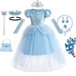 Cinderella Blue Short Sleeve Dress Complete Set with Long Gloves Sleeves for Girls Birthday Ball Halloween Cosplay Costume