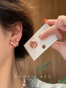 Red Heart Shaped Ear Cuff Fashionable Versatile Hong Kong Style round Face Suitable 925 Silver Needle Cookie Jewelry Accessory
