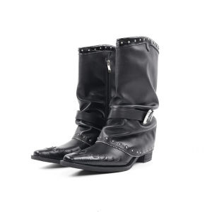 Leather Version Knight Boots 2024 Pointed Toe Chunky Heel Martin Boots Rivet Chain Design Flame Pattern Retro Style Women Shoes