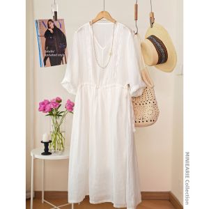 XIAOER | Ramie Fine Weave Accordion Pleated V-Neck Dress with Drawstring Waist