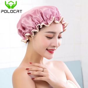Polocat Thickened PEVA double-layer shower cap waterproof hair cover adult womens shower bath anti-hair wet cap large hair wrap
