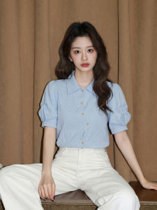 ZISUO | Áo Blouse Tay Ngắn Cổ POLO Màu Xanh Phong Cách Pháp