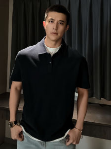 Dark Blue Short Sleeve Polo Shirt Mens Style Summer Heavyweight Shoulder T-Shirt American Hard Man Half Sleeve Fake Two-Piece