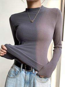 MiiOW | Áo sơ mi lót lông cừu cổ đứng dày thời trang thu đông mới cho nữ màu xám nỉ co giãn dài tay thường