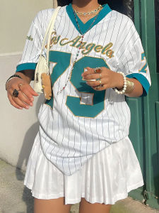 Los Angeles No. 79 Jersey V-neck Loose Streetwear 3D Printed Vertical Stripe Fashion Short Sleeved Womens Summer Sports Tee