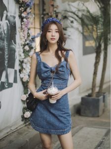 QFN | French Bow Summer Small Petite Elegant Denim Dress