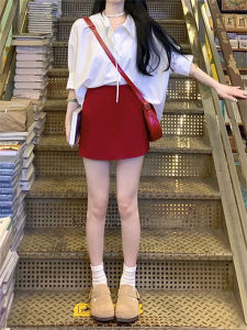 High Waist A-Line Mini Skirt for plus Size Women in Red Woolen Fabric Spring Autumn High Waist Bodycon Korean Style Short Skirt