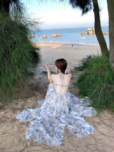 White Lining Bailistudio Blue Lin Flower Dyed Chiffon Halter Floral Open Back Dress Floor-Length Dress Vacation Dress