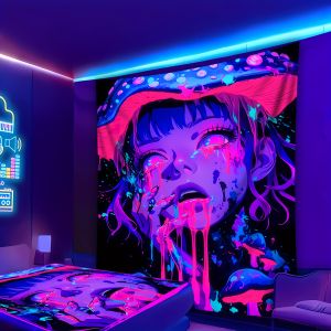 VIKAMA Mushroom Girl Tapestry Gradient Illusion Fabric Bedroom Bohemian Living Room Decoration Fantasy Art Backdrops