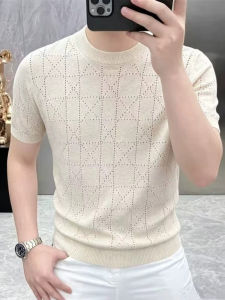 SHIPAILUO | Breathable Hollow Pattern Ice Silk Linen T-shirt Short Sleeve