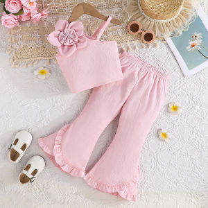 Summer New Pure Color Turn-down Collar Sleeveless Top with Butterfly Knot Flared Pants Girls Set Cotton Blend Fabric Streetwear