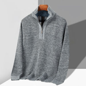 Thickened Fleece Lined Knitted Sweater Half High Collar Warm Winter Fashion Casual Mens Long Sleeve T-Shirt for Middle-Aged And Elderly