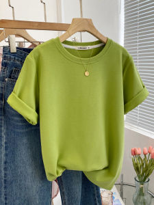 Womens Thickened Casual Short Sleeve Flocking T-Shirt Spring Autumn New Style Loose Fit Base Shirt Green Shoulder Size