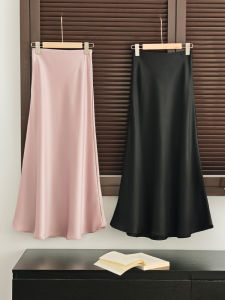 Black Acetate Satin Fish Tail Half Skirt Womens Autumn New Style Suit Skirt Wrap Long A-Line Skirt Elegant Office Wear