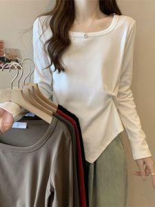 Square Collar Shoulder Long Sleeves T-Shirt Womens Autumn and Winter Inner Wear Plus Size Plus Size Ladies Belly Covering Asymmetrical Bottoming Shirt Tops Womens