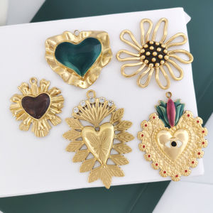 Big Pendant Charm for Necklace Heart Flower Sun Evil Eye Large Statement Stainless Steel 18K Golden PVD Plated Green Brown White