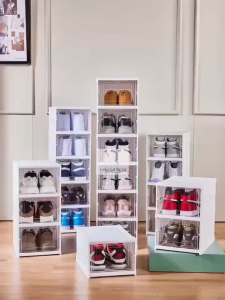 Non-Install Foldable Shoe Rack Cabinet Plastic Visible Modern Minimalist Design Stackable Box Shelf Storage Lightweight Dustproof Waterproof Portable Versatile Organizer Easy Assembly Multifunction Space-Saving Transparent Kotak Rak Simpan Kasut折叠鞋架鞋盒