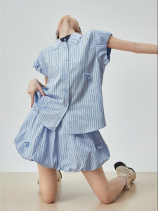 PlumJan | Blue Stripe Thin Fitting Shirt Set with High Waisted Skirt