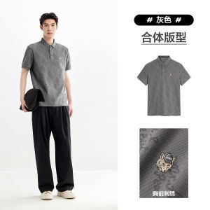 เสื้อโปโลคอปกสั้นลายพิมพ์ผู้ชาย PEACEBIRD ทรงหลวม สไตล์ลำลอง แขนสั้น สีเทา สำหรับฤดูร้อน ผ้าฝ้ายผสมโพลีเอสเตอร์