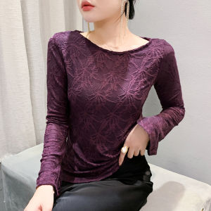 Yimei lá tre không đều Jacquard Áo phông ren 2024 mùa thu phong cách mới phong cách phương Tây cổ tròn áo Thun Cơ Bản thời trang chống lão hóa chia sừng dài tay phiên bản Hàn Quốc hàng đầu