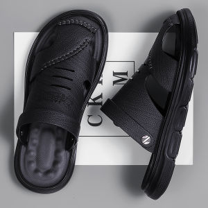 Leather Slippers Mens Summer Outwear Dual-Use Driving Closed Toe Leather Sandals Men Outdoor Non Slip Soft Bottom Beach Shoes