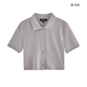 Comfortable Skin-Friendly Cotton Blend Short Sleeve Open Cardigan Crop Top Pure Color Summer Thin Model POLO Neck Fit T-Shirt