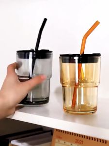 Gelas Minum Gelas Kaca Tumbler Aesthetic Kaca 2in1 / Gelas Mug Cangkir dengan Sedotan / Botol Minum Aesthetic / Gelas Aesthetic / Tumblr Botol Anti Tumpah Termurah Terbaru Promo