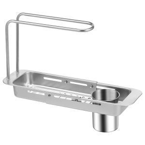 Telescopic Sink Drain Rack Soap Sponge Holder Stainless Steel Storage Basket with Towel Hanger and Filter Bucket Kitchen Gadgets