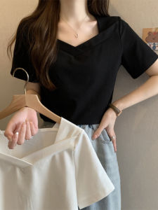 Summer New Womens Slim Fit Short Sleeve T-Shirt Square Collar V-Neck Base Shirt Korean Style Commute Pure Color Cotton Blend