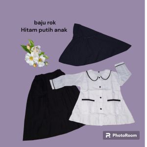 set baju rok hitam putih +hijab anak perempuan SD madrasah usia 5-11 tahun