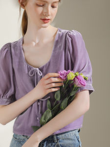 Miccbeirn | Miccbeirn Spring Summer Silk Velvet Short Sleeve U-Neck Bubble Sleeve Womens Top Sweet Style Pure Color Straight Cut Shirt