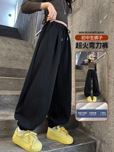 Girls Fleece Lined Sports Pants Black Large Childrens Trousers Korean Style Casual Bend Knife Pants Cotton Polyester Blend